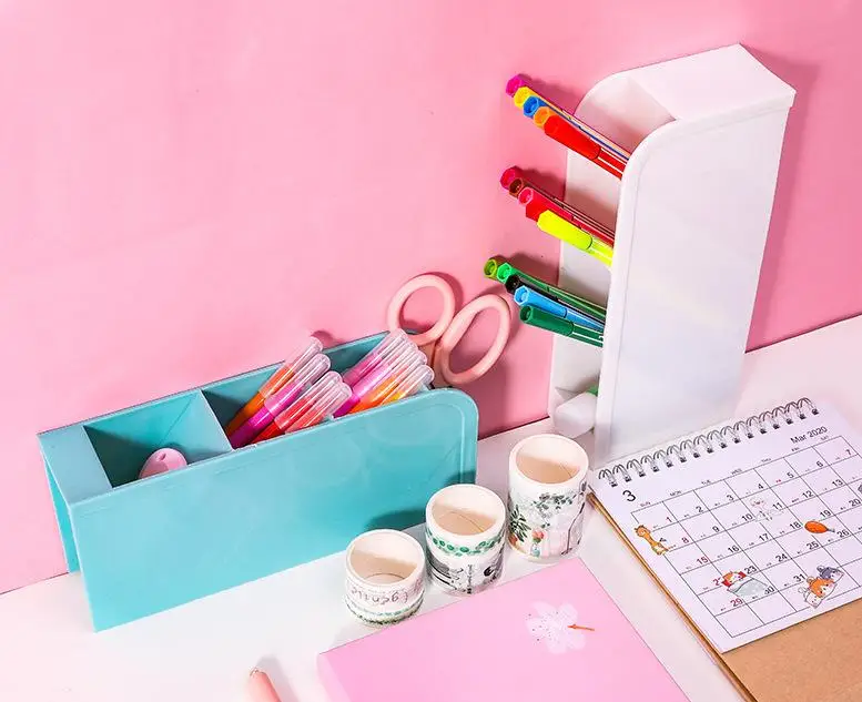 

1 Pc 4 Pencil Makeup Storage Box Grid Large Capacity Desk Pen Holders Desktop Organizer Stand Simple School Office Stationery