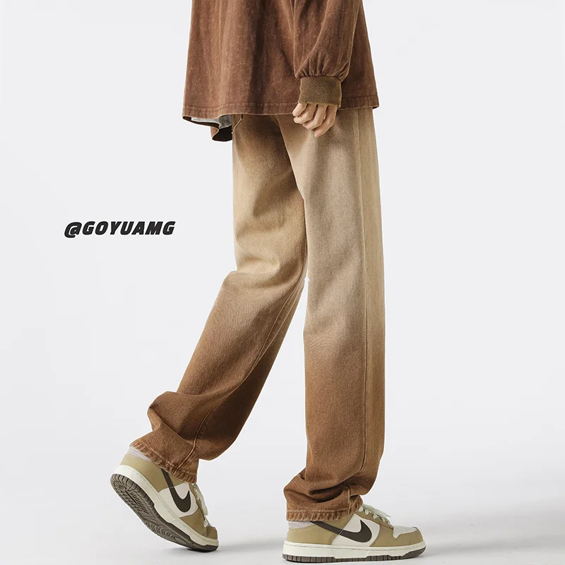 Brown Blue Black Baggy Jeans Men Fashion Retro Gradient Straight Jeans Men Streetwear Hip-hop Loose Denim Pants Mens Trousers