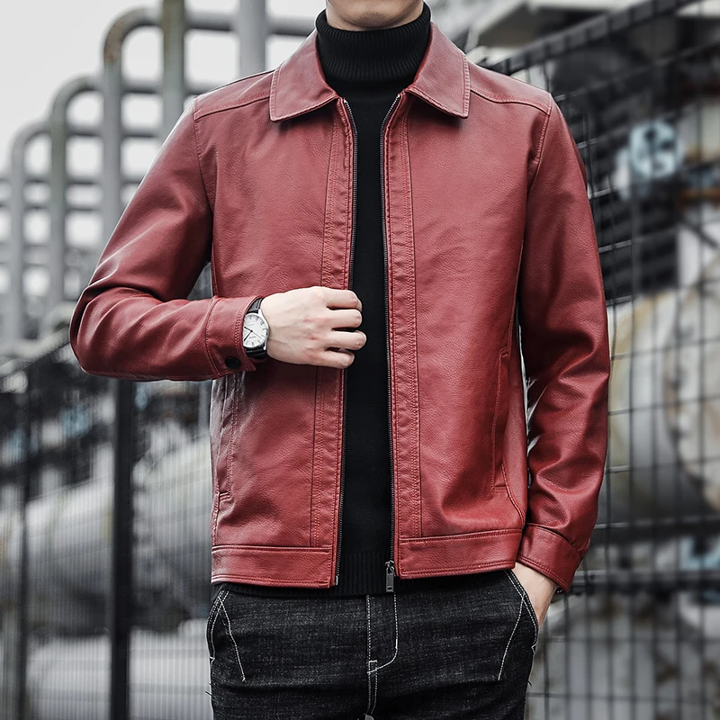 Повседневная мужская куртка из искусственной кожи весна-осень однотонное