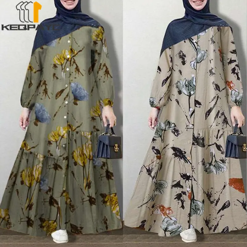 New Muslim Women Dubai Abaya Cotton Linen Long Dress Kaftan Islam Arab Vintage Print Loose Dresses Robe Middle East Eid Clothing