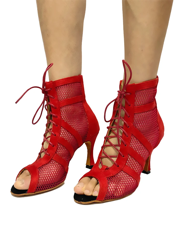 Red Salsa Dance Booties Women Latin Dance Shoes Suede Soles   Latin Ballroom Outdoor Indoor Dance Shoes For Dancing High Heels
