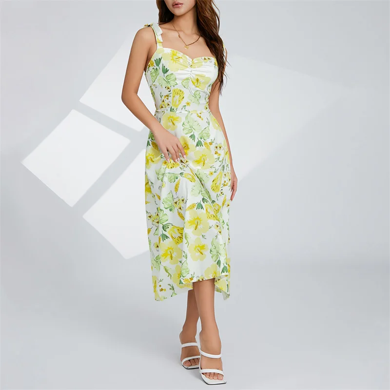 

Summer Casual Boho Floral Print Ruched Square Neck Dresses Women Bow Tie Sleeveless Backless Flowy Midi Dress Beach Holiday
