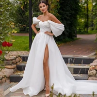 viktoria sexy white wedding dresses 2022 backless off shoulder high split for women custom made lace up back satin bridal gowns