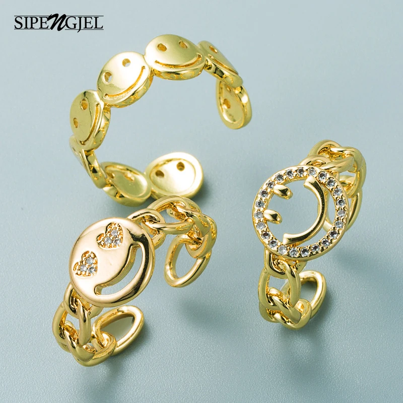 

SIPENGJEL Fashion Gold Color Metal White Zircon Smiley Face Open Ring Punk Vintage Adjustable Ring for Women Party Jewelry Gift