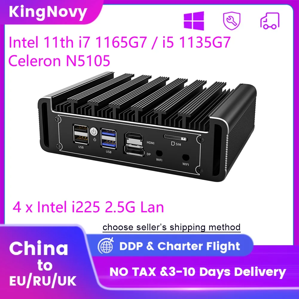 2.5G pfSense Firewall Celeron N5105 Solid-built Fanless Mini PC  i7 1165G7 i5 1135G7 Soft Router 4 Intel i225 2500M Lan DP HDMI