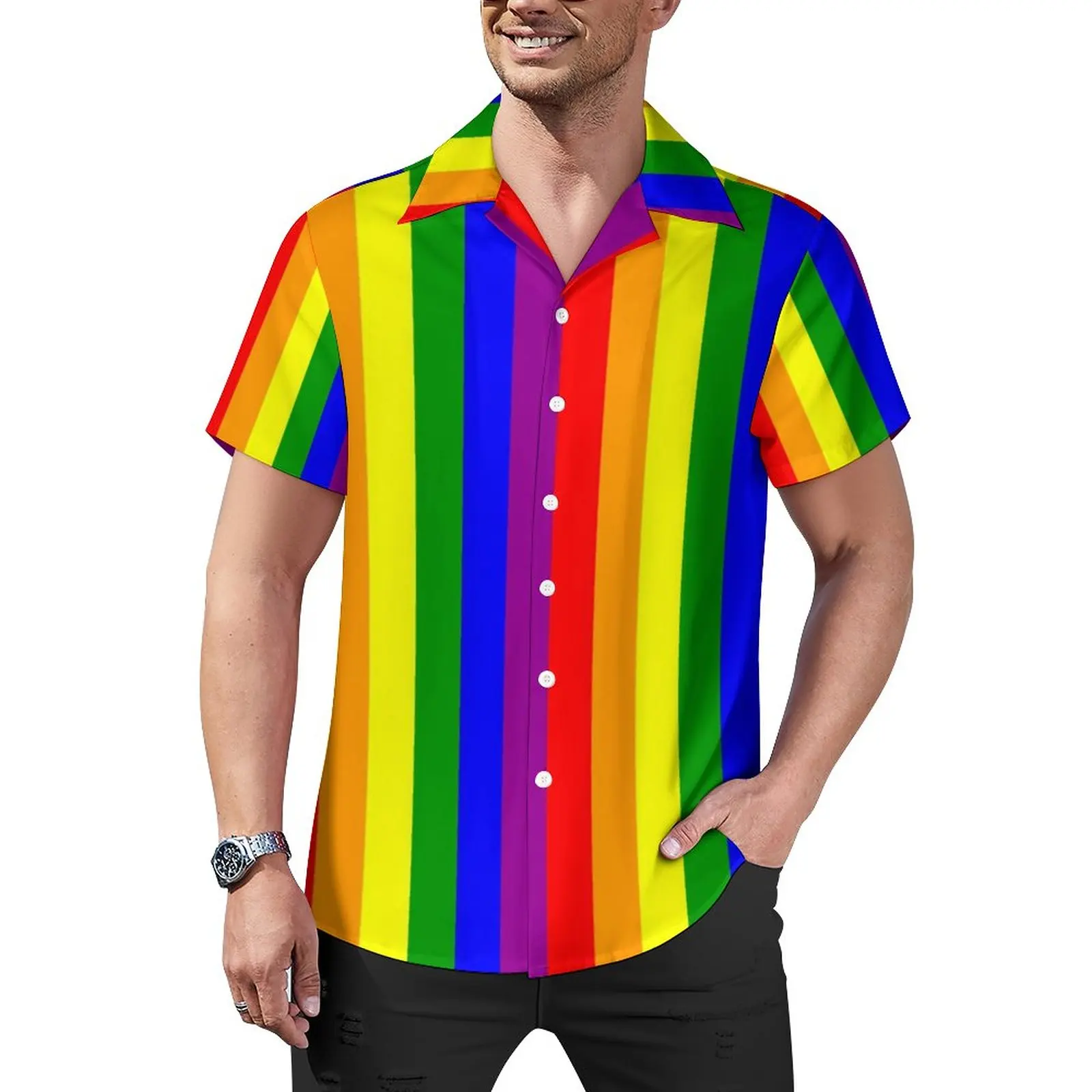 

Rainbow Striped Beach Shirt Pride Celebration Hawaiian Casual Shirts Trending Blouses Short-Sleeve Pattern Clothing Plus Size