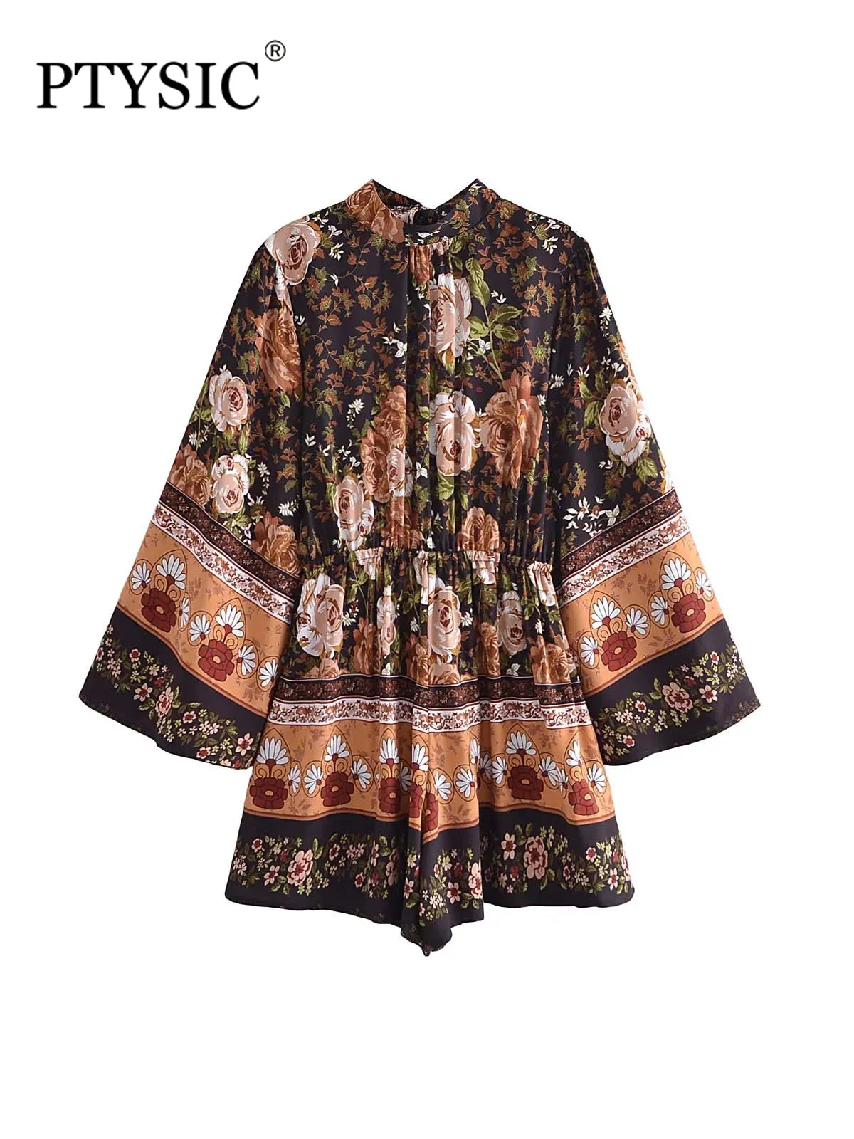 

PTYSIC Women Fashion With Print Full Sleeve Stand Collar Loose Playsuits 2022 Summer Elastic Waist Shorts Vintage Bodysuits