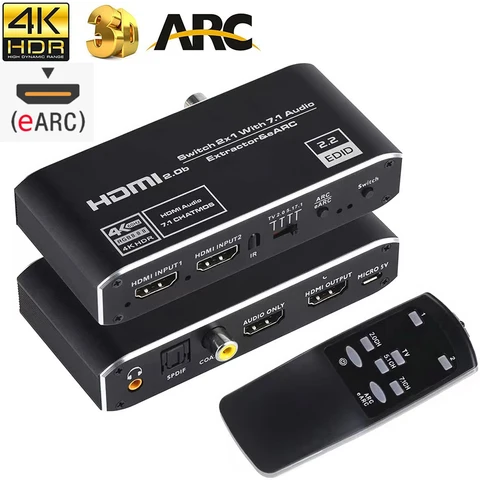 2x1 4K HDMI переключатель eARC аудио экстрактор с дугой и оптическим Toslink HDMI 2,0 переключатель 4K 60 Гц HDMI переключатель дистанционное управление для Apple TV PS4