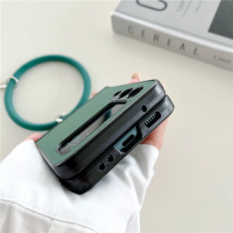 Macaron Plain Color Soft Silicone Shell Hand Ring Strap PU Leather Anti-fall Phone Case for Samsung Galaxy Z Flip 3 5G Z Flip 4