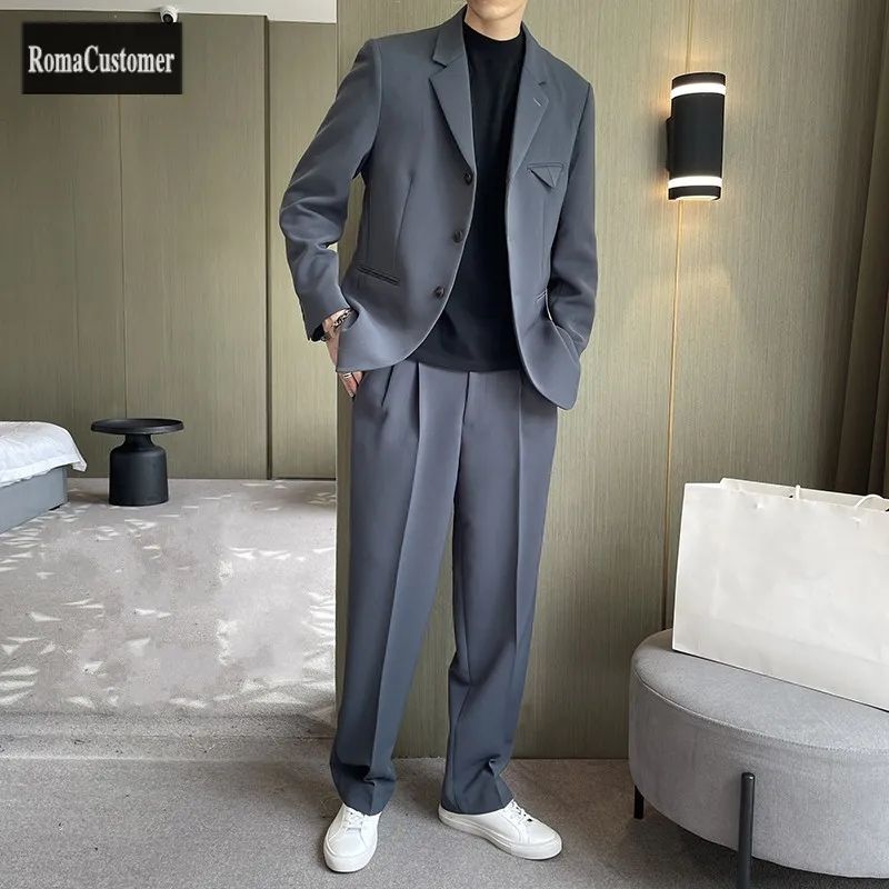 

Business Casual Suits Sets Mens Autumn New Vintage Blazer Trend Fried Street Straight Pants All-Match Male Two Piece Set