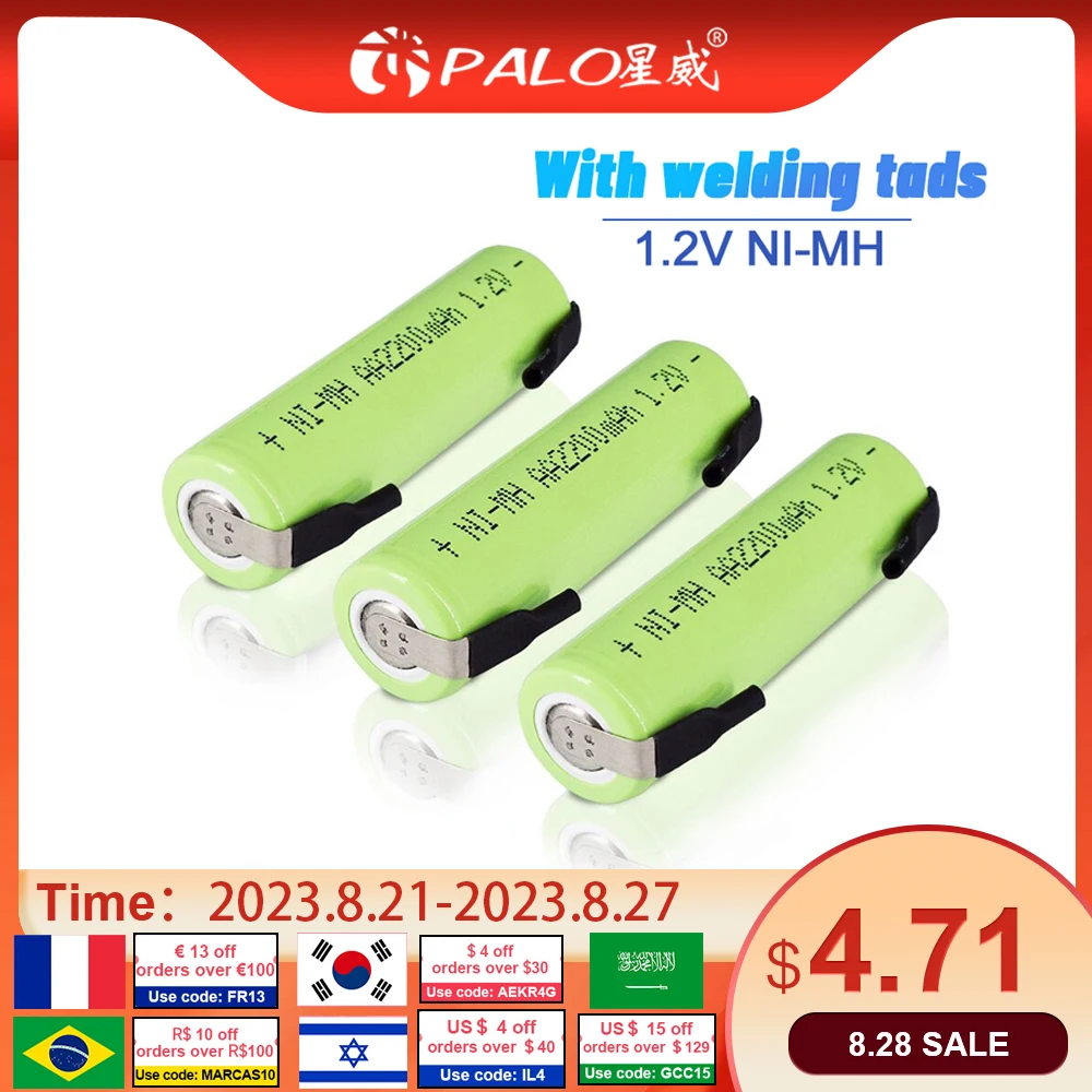 PALO 1.2V AA Rechargeable Battery AA 2200mAh NiMH Batteries with welding tabs For Philips Electric Toothbrush Shaver
