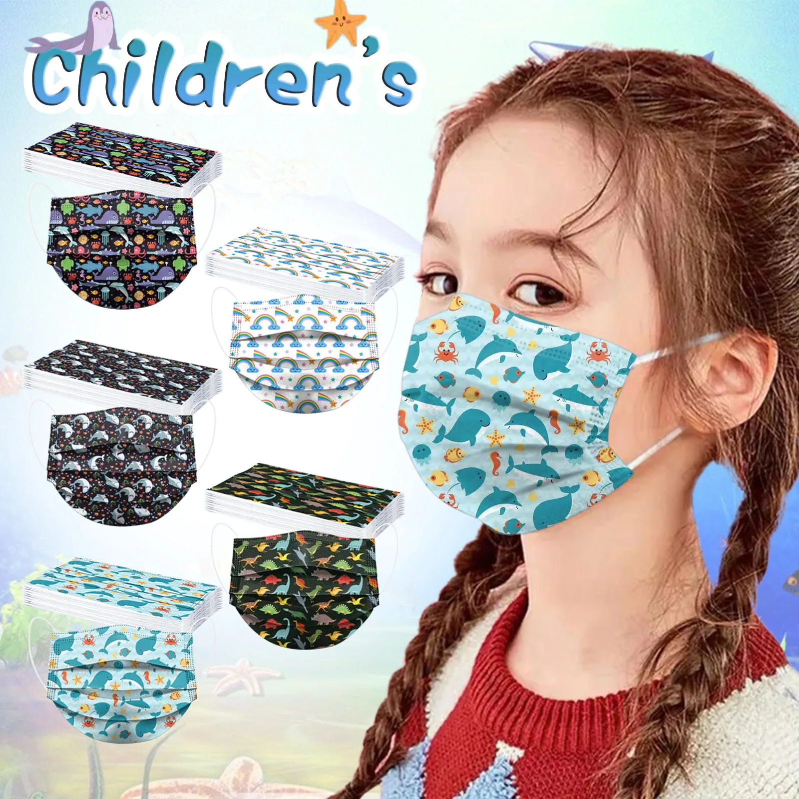 10PC Kids Children's Dinosaur Print Disposable Face masque 3Ply Ear Loop маски mascarilla Monder Scarf Halloween Cosplay MasK |