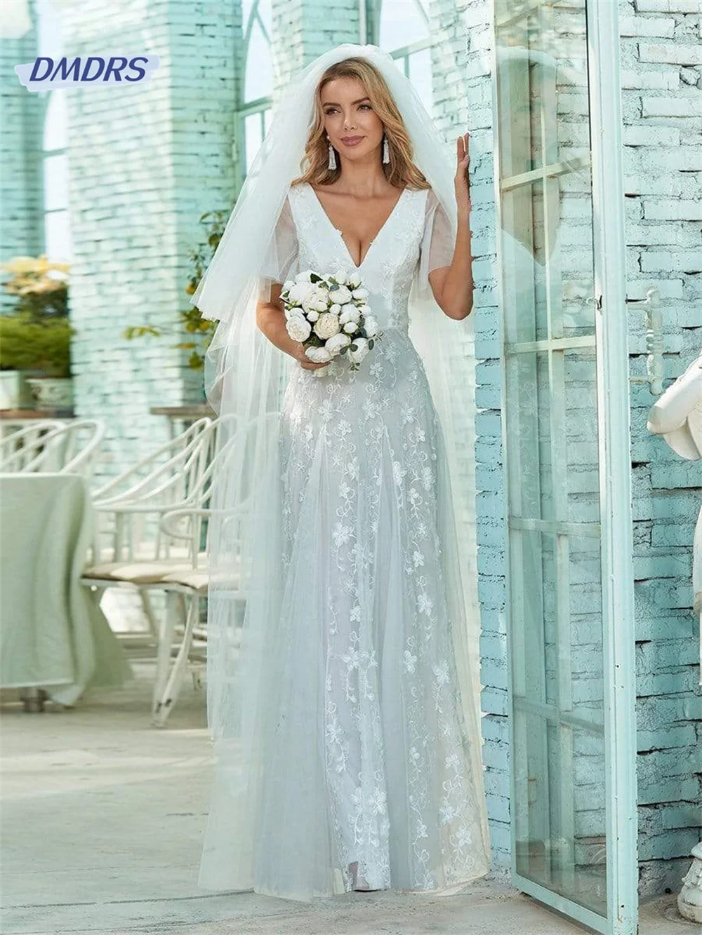 

Beach 3D Flower Deep V-neck Wedding Dress Bohemian Appliques Floor-length Bridal Gown Romantic Vestidos De Novia