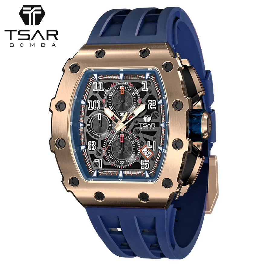 

TSAR BOMBA Tonneau Watch Men Top Brand Luxury Rose Gold Case 50M Waterproof Wristwatch Clock Chronograph Fashion Watch for Men