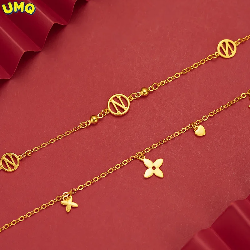 

Японский и южнокорейский модный простой стиль женский браслет с надписью «Love Clover» из тонкого чистого золота 24 к