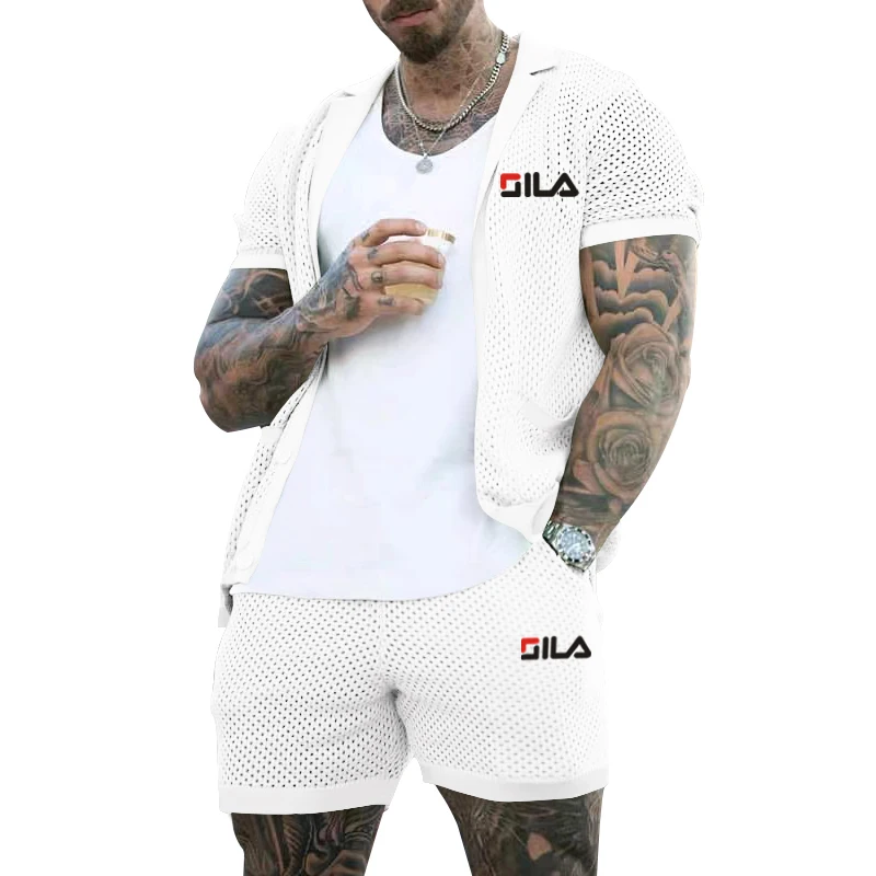 Summer Men's Mesh Breathable T-shirt Set Fitness Jogging Jacket Short Pants 2 Piece Suit Sportswear Tracksuit Male Clothing