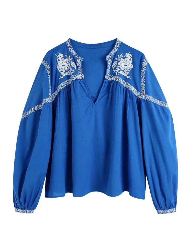 

XEASY Vintages Emboridery Women Shirts 2022 Spring Fashion Female V Neck Long Sleeve Casual Loose Blouses High Street Chic