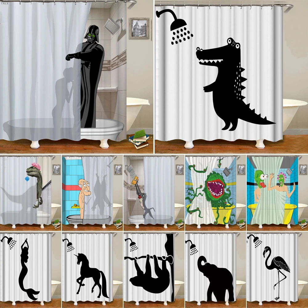 Funny Lovely Dinosaur Elephant Shower Curtain Cute Animal Take Bath Waterproof Fabric Bathroom Curtain with 12 Hooks Home Decor