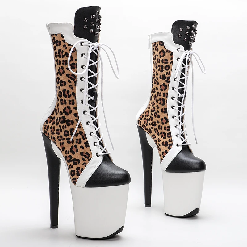 Leecabe 20CM/8inch Leopard with  mette  PU  upper  fashion  High Heels Pole Dance boot