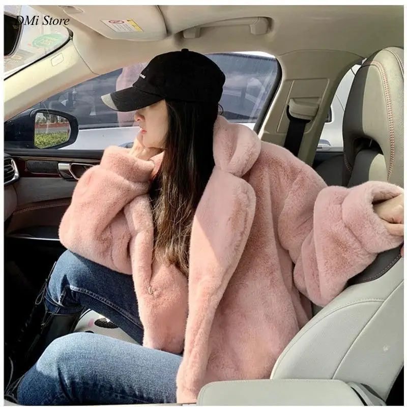 DIMI Ladies Faux Fur Coats Rabbit Fur White Pink Jacket for Women Women's Winter Fur Coat Loose Casual Thick Warm Short