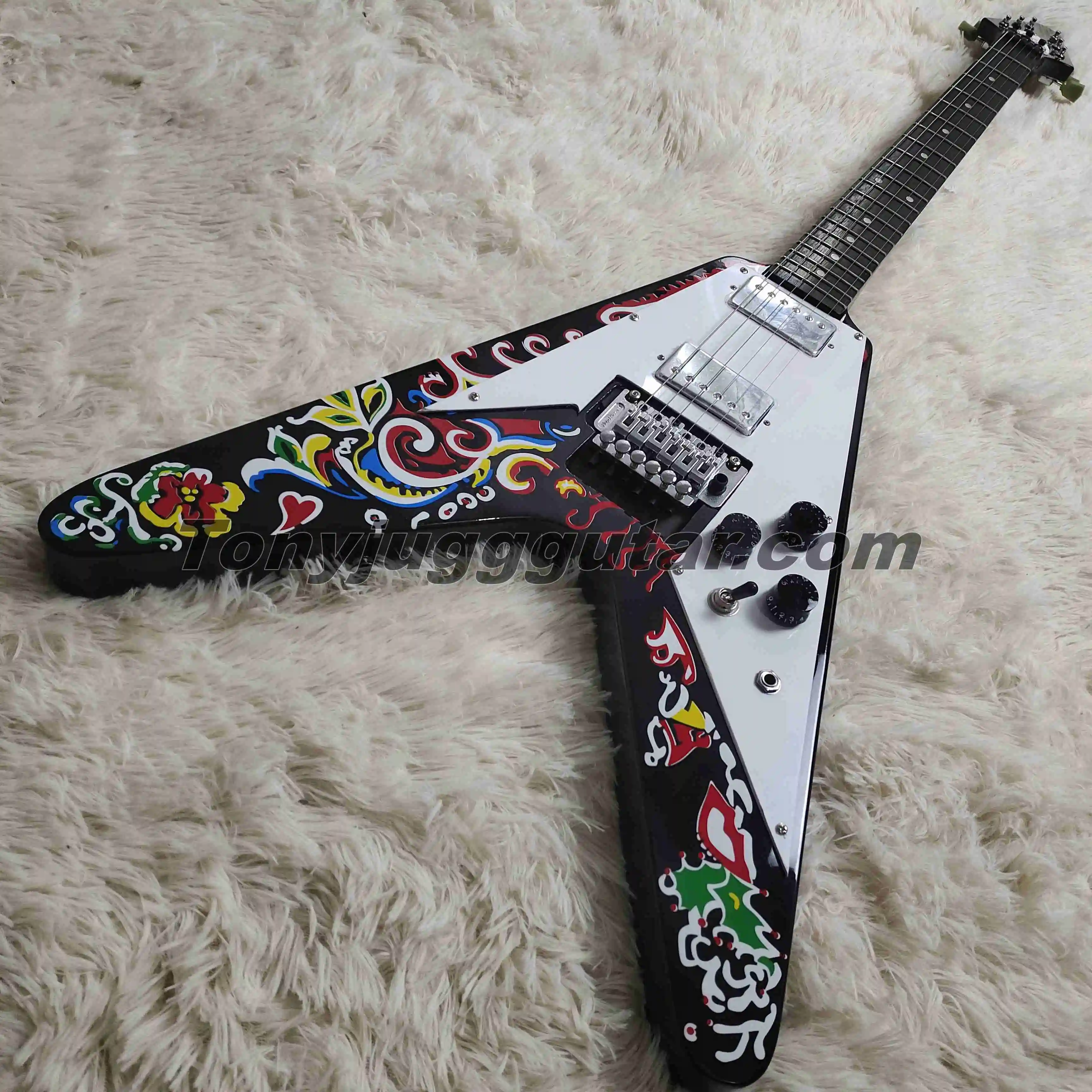 

Jimi Hendrix Psychedelic Hand Paint Flying V Electric Guitar Floyd Rose Tremolo Bridge, Chrome Hardware, Tuilp Tuners, Dot Inlay