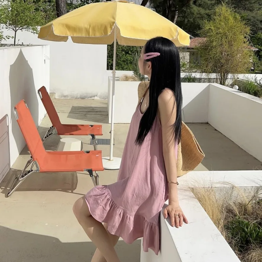 Свободное платье на бретельках во французском стиле свободное короткое в