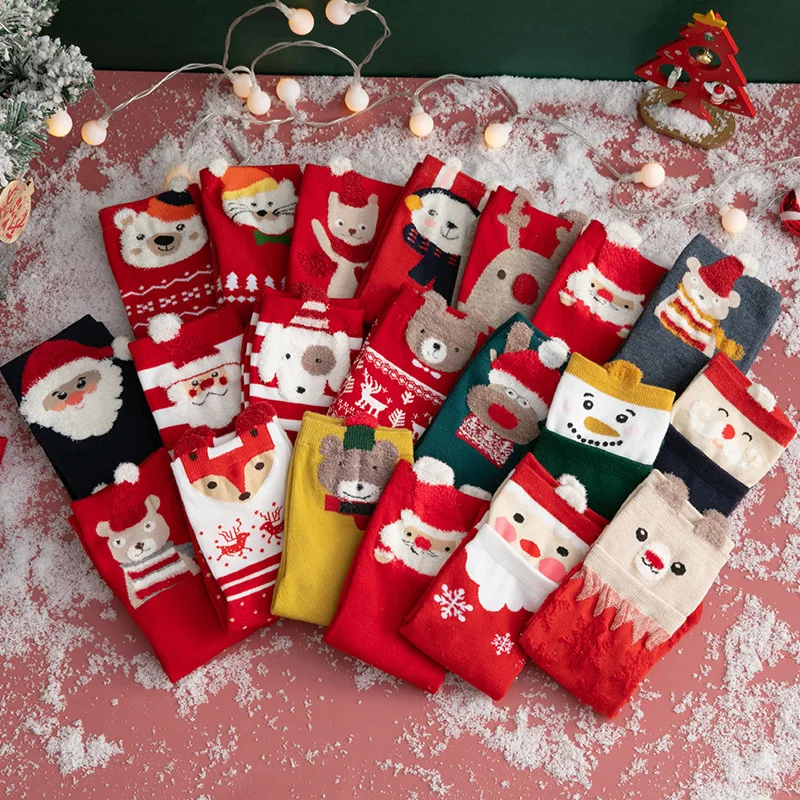 

1pair Christmas Winter Women Socks High Elasticity Pure Cotton Female Socks Cute Snowman Santa Claus Printing Medium Tube Socks