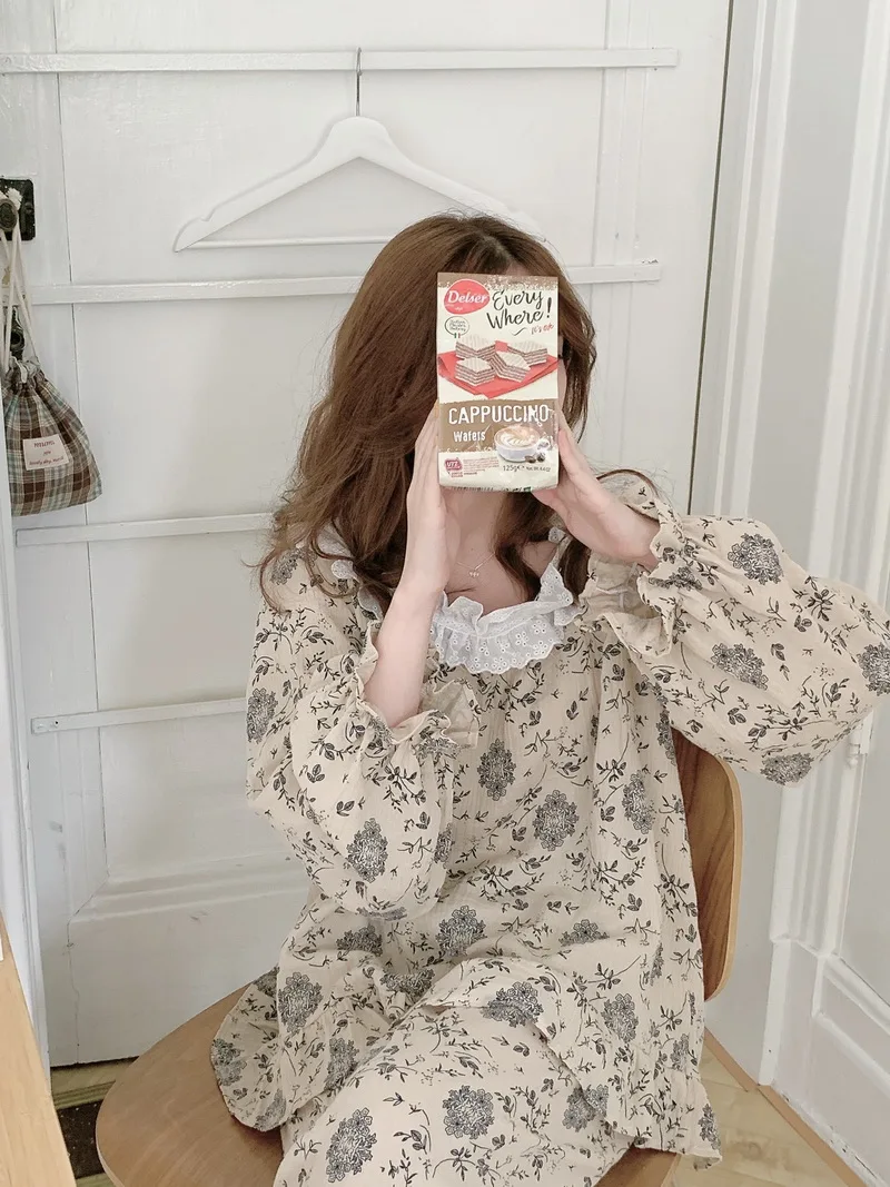 Women's Cotton Gauze Pajamas Fall Pullover Retro Printing Homewear Set Long Sleeve Trousers Suit Printing Fashion Set D475