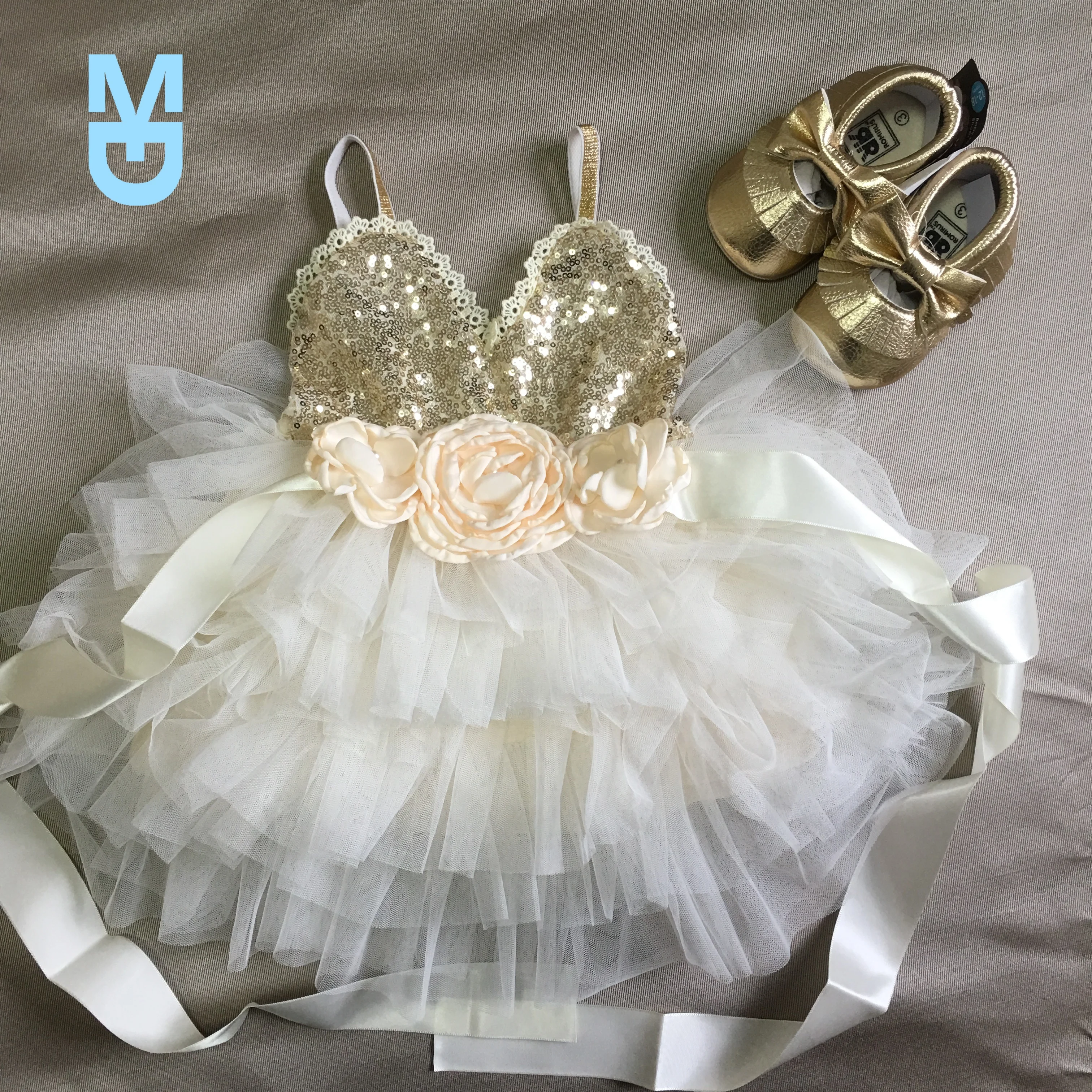 

New Shinny flower girls dress for kids with belt toddle party gown gold sequined layered tutu dress children year dress clothin
