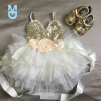 new shinny flower girls dress for kids with belt toddle party gown gold sequined layered tutu dress children year dress clothin