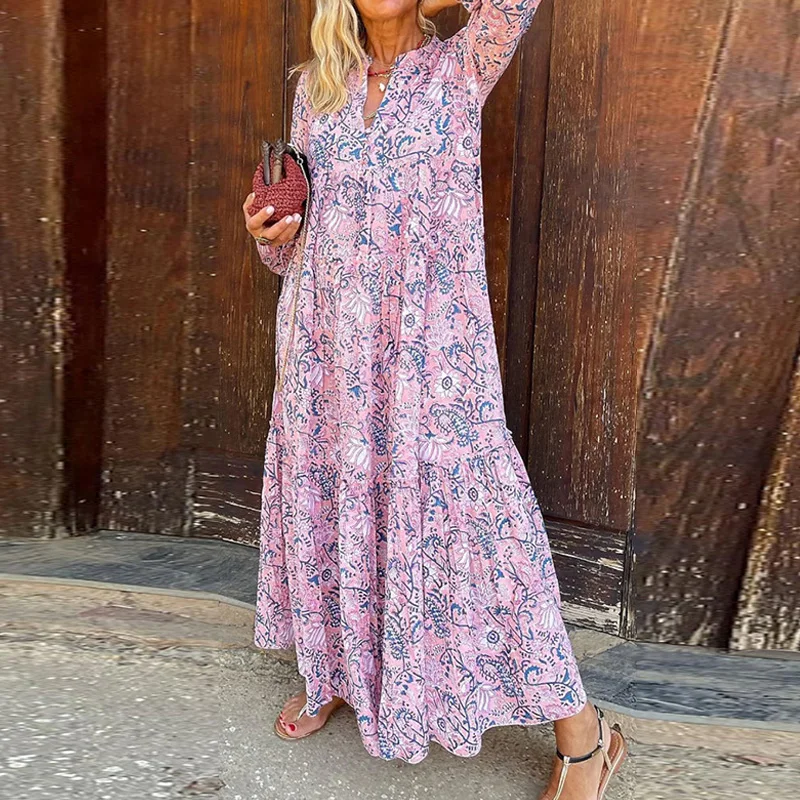 

Lady Long Streetwear Vestiso Robe Women Fashion Temperament Loose Boho Beach Maxi Dress Casual V-Neck Print Holiday Summer Dress