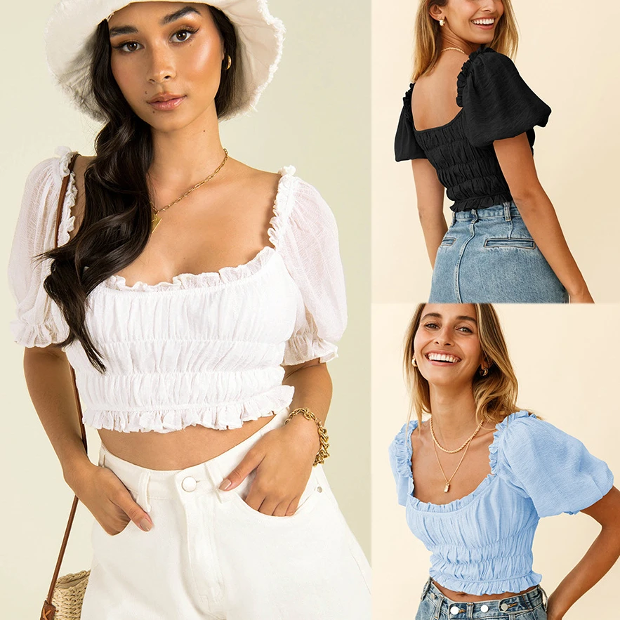 

Модный плиссированный короткий топ с коротким рукавом-фонариком и гофрированным квадратным воротником для женщин, сексуальная шифоновая к...