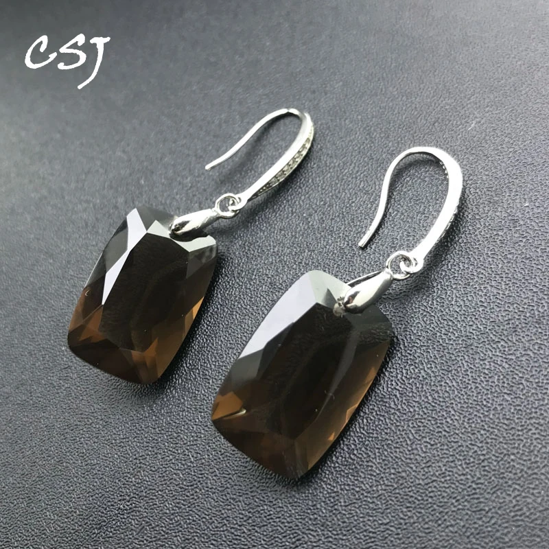 

CSJ Natural Smoky Quartz Earrings Sterling 925 Silver Gemstone Cushion 13*20mm for Women Birthday Party Jewelry Gift