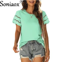 women summer new lace patchwork short sleeve t shirt round neck hollow out top ladies solid color elegant fashion t shirt blouse