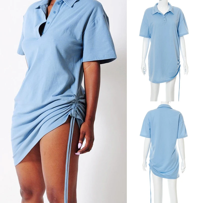 

Oversized Drawstring Button Up T Shirt Dress Short Sleeve Streetwear Casual Turn Down Collar Dresses Ruched Slim