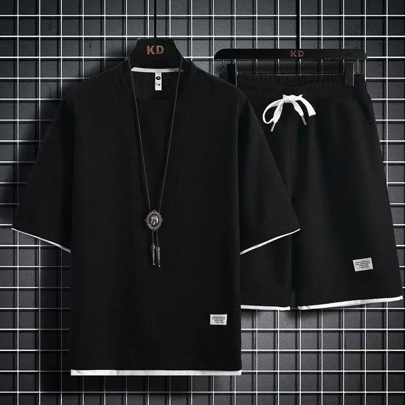 2023 New Waffle Casual Set Specially Designed for Men's Summer Youth Large Men's Sports Set Short T-shirt Paired with Shorts