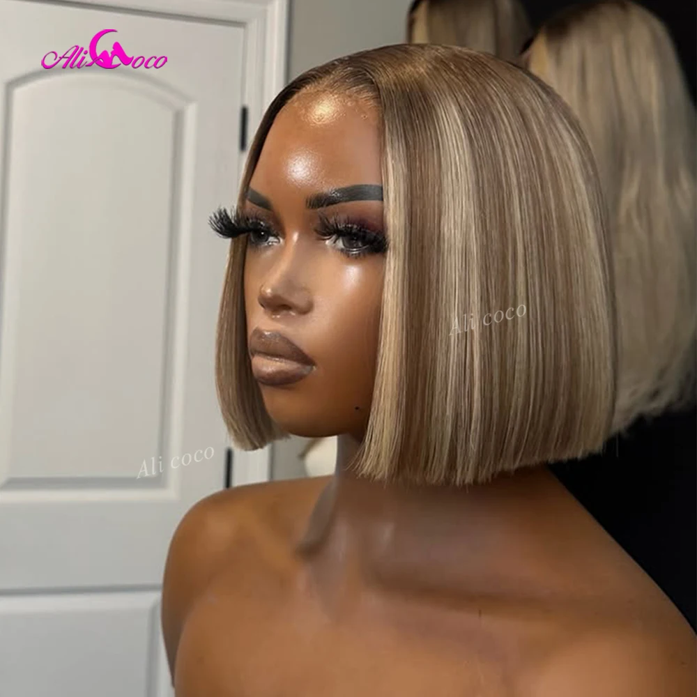 Фото Парик из натуральных волос Highlight Ash Blonde и Shiny Blonde, 13x4, прямой, короткий, с прозрачной кружевной передней частью, 180% плотности, для женщин №1