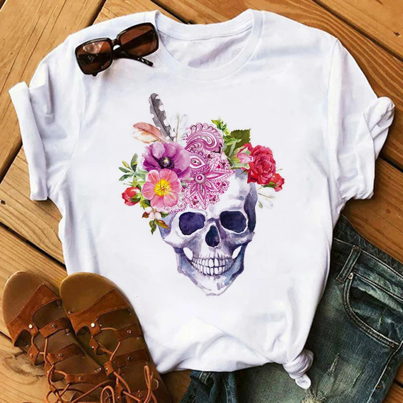 

Hillbilly Flowers Skull Punk T Shirt Women Fashion Casual Short Sleeve Sun Flowers Tshirts Chemise Femme Tops Mujer Verano 2020