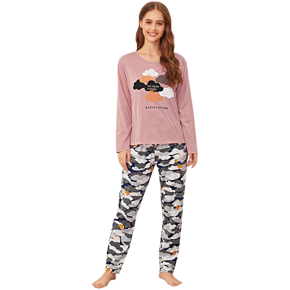 

Spring Pajama Set Female Classic O-neck Long Sleeve Top Loose Long Pants Dark Clous Print Bottoms Sleepwear Sets VBXDS1