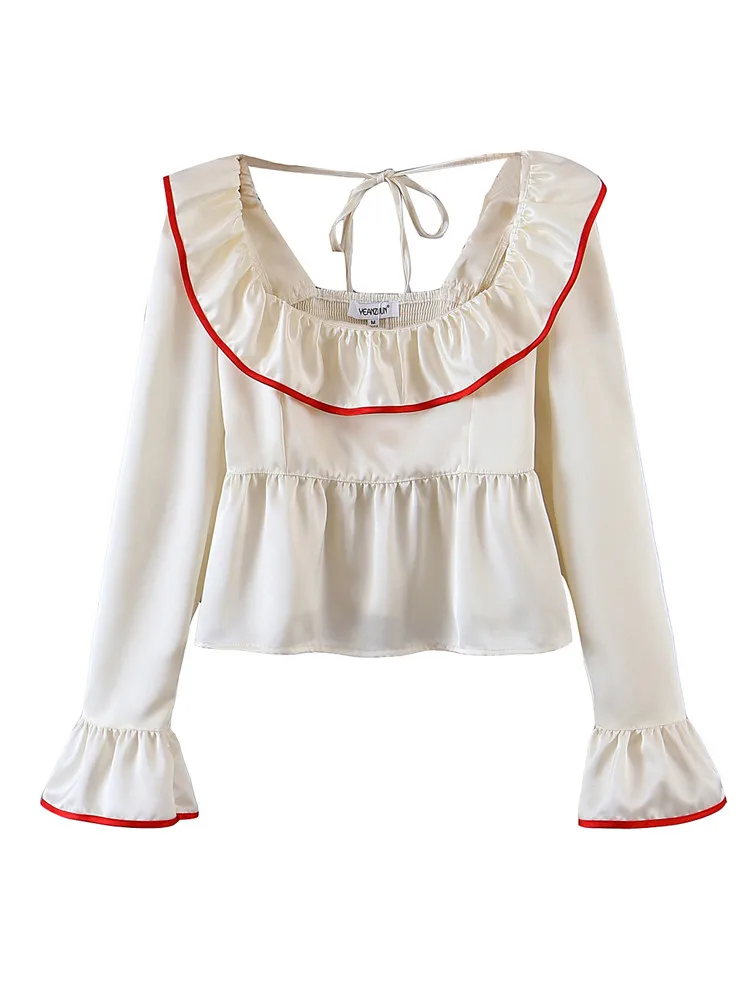 

Autumn Short Blouses Women 2022 New Fashion Vintage Slim Chic Ruffle Color Blocking Doll Collar Flare Sleeve Shirts Sweet Tops
