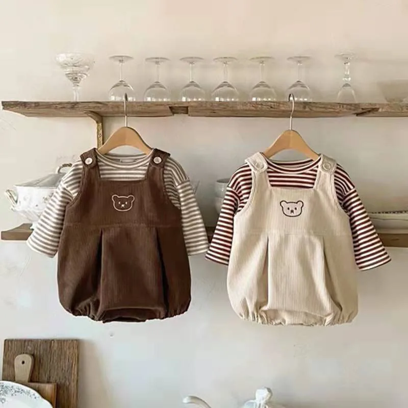 

Baby Clothing Set 2022 New Fashion Sleeveless Bear Embroidery Bodysuit Long Sleeve Striped T-shirt Cothes Set