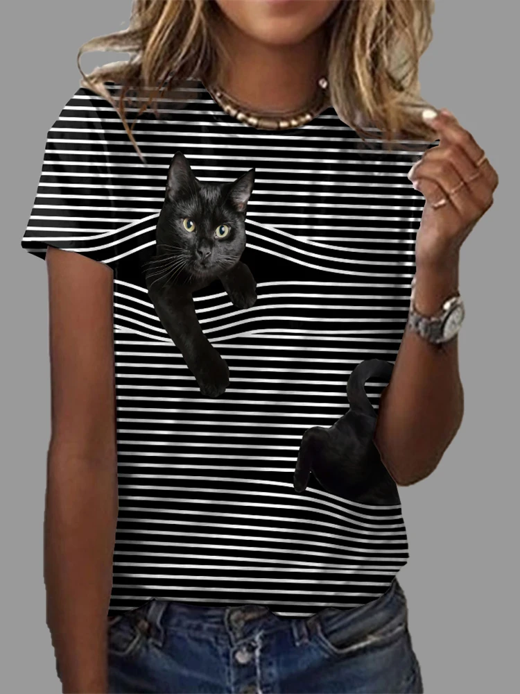 

Black and White Stripes Women Tees Tops Naughty Cat 3d Printing T Shirt Common O-neck Half Sleeve T-shirt Summer Casual Clothes