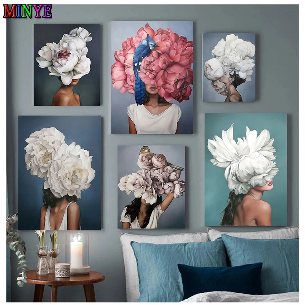 

Алмазная 5D картина в скандинавском стиле, полноразмерная/круглая вышивка с цветами, перьями, для женщин, украшение для дома, настенные карти...