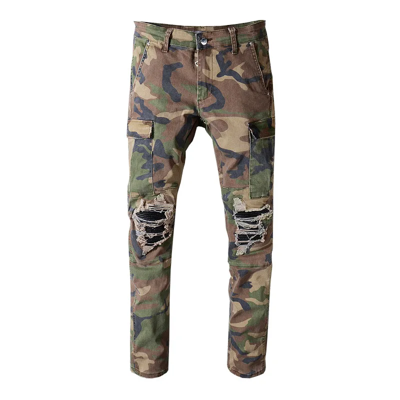 

High Street Fashion Brand Multi Pocket Patch Camouflage Hole Elastic Slim Pants