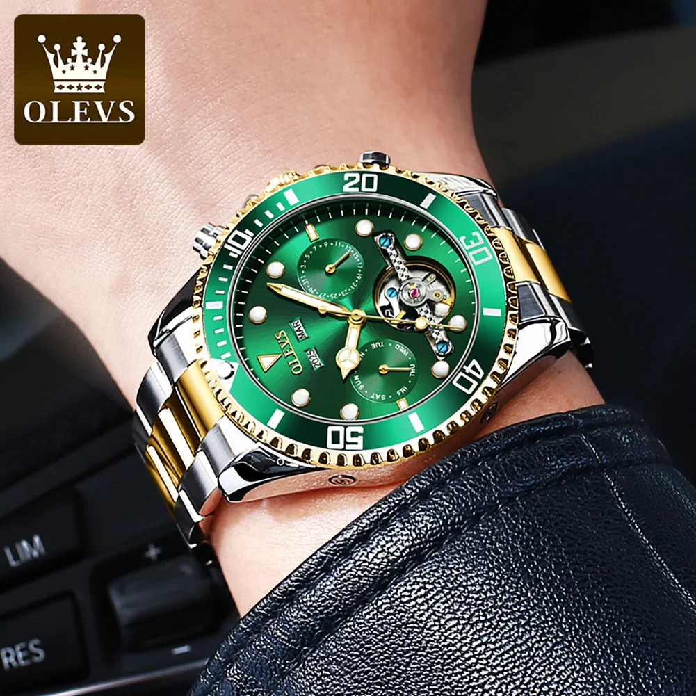 OLEVS Green Water Ghost Machinery Watches For Men Luxury Stainless Steel Waterproof Watch Three eye Multifunctional Wristwatch enlarge