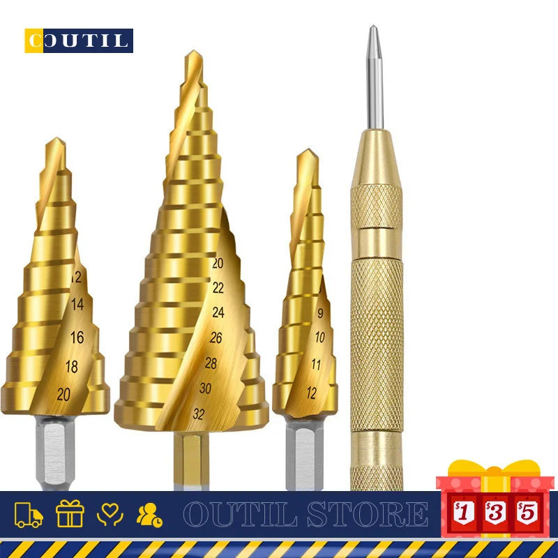 

4pcs High Quality Hexagonal Spiral Groove Step Drill Bits And Center Punch Sets In Cloth Bags Centering Drilling Hole Reamers