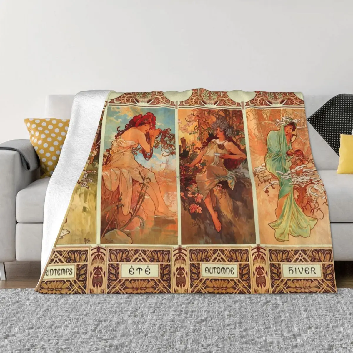 

Alphonse Mucha Four Seasons Fleece Throw Blankets Vintage Beautiful Women Blanket for Bed Travel Super Warm Bed Rug