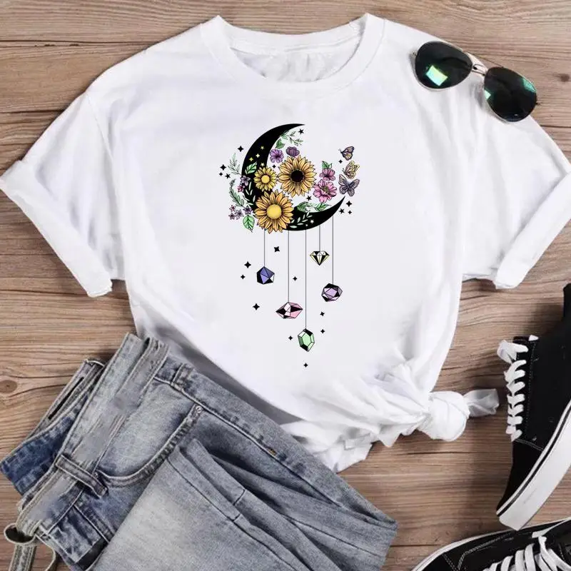 

Print Fashion Women Cartoon Short Sleeve Graphic T Top Moon Floral Flower 90s Summer Shirt Tshirts Regular Female Tee T-Shirt