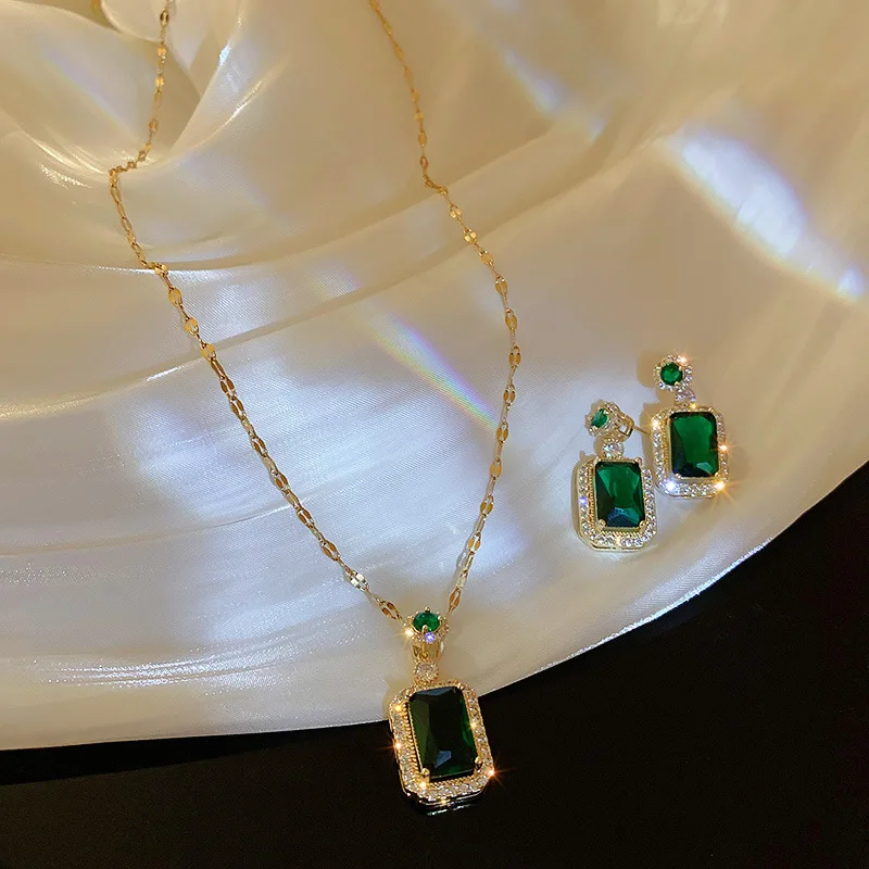 

Luxuries Square Emerald Dangle Earrings For Women Vintage Geometric Crystal Pendants Necklace Bracelet Fine Jewelry