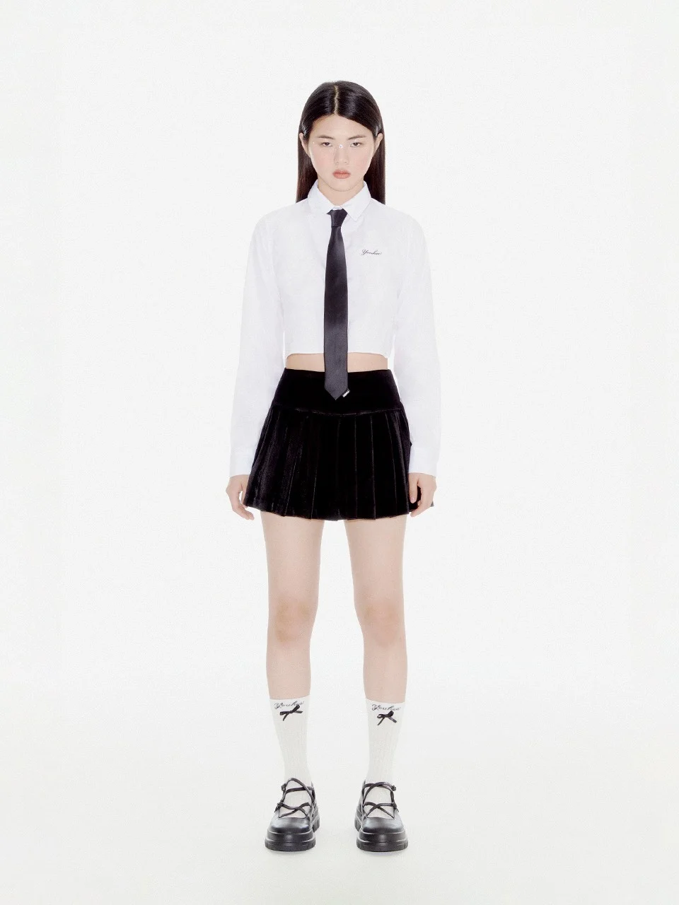 South korea Youh **24 New Preppy Short Waist- White Long sleeve Shirts Tie